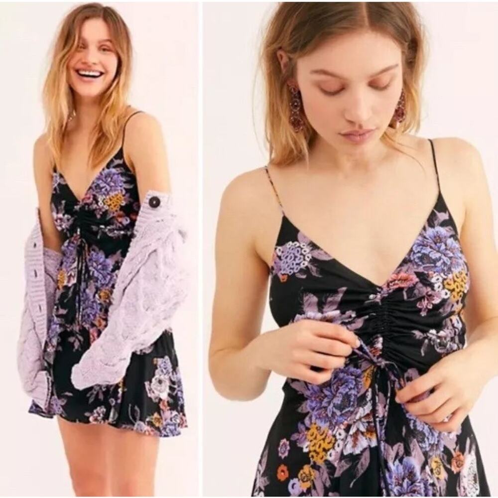 Free People Happy Heart Mini Dress Floral Babydoll Y2K‎ | Black Purple | SZ S